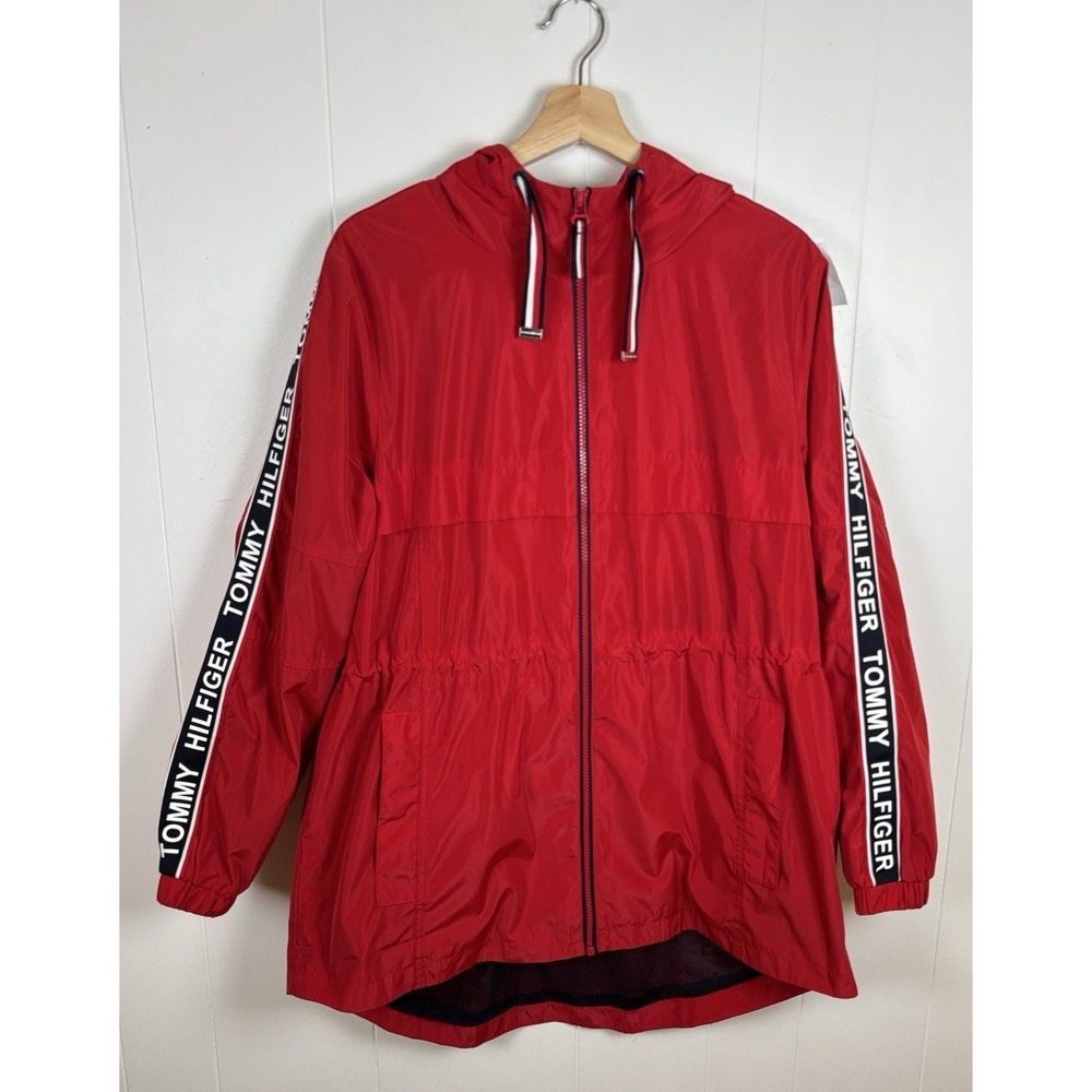 Tommy Hilfiger Red Windbreaker Hooded Jacket Mens Large Spell Out Full Zip Coat